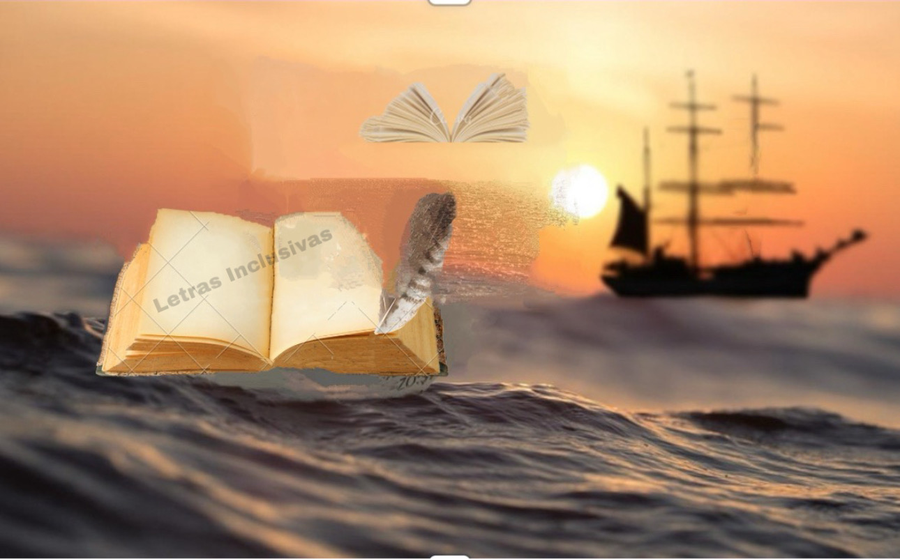 Libro abierto sobre el mar con leyenda Letras Inclusivas, sobre el cielo libro volando en forma de ave y al fondo barco pirata