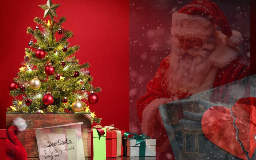 Triste imagen navideña con un árbol, cajas de regalo, una parte de una carta escrita, imagen tenue de Papá Noel y un corazón partido