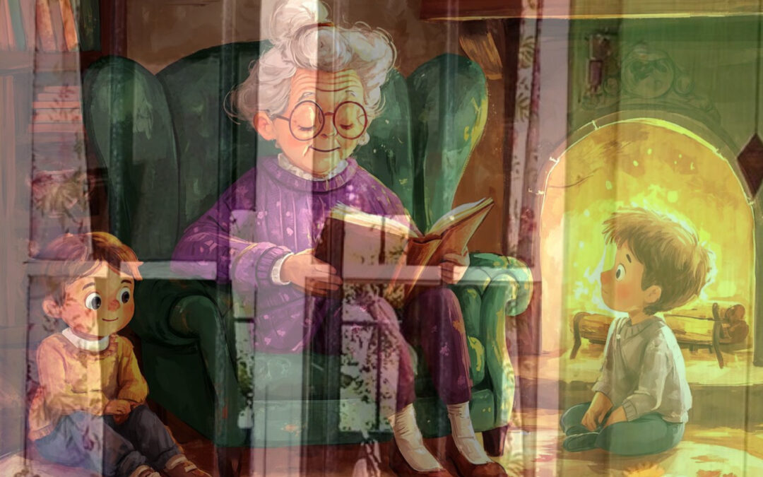 Tierna imagen a través de una ventana una abuela sentada es su sillón con un libro e la mano y rodeada de niños todos cerca de la chimenea